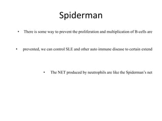 Spiderman
• There is some way to prevent the proliferation and multiplication of B-cells are
• prevented, we can control SLE and other auto immune disease to certain extend
• The NET produced by neutrophils are like the Spiderman’s net
 