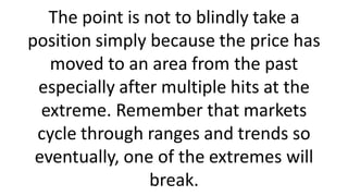 The point is not to blindly take a
position simply because the price has
moved to an area from the past
especially after multiple hits at the
extreme. Remember that markets
cycle through ranges and trends so
eventually, one of the extremes will
break.
 