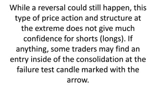 While a reversal could still happen, this
type of price action and structure at
the extreme does not give much
confidence for shorts (longs). If
anything, some traders may find an
entry inside of the consolidation at the
failure test candle marked with the
arrow.
 