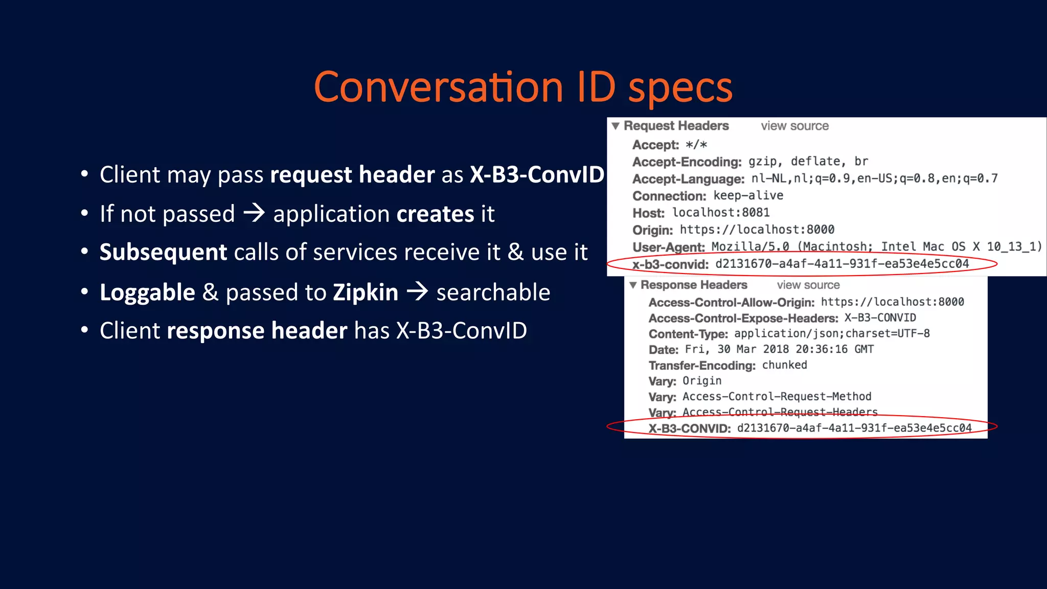 Conversa)on ID specs
• Client may pass request header as X-B3-ConvID
• If not passed à application creates it
• Subsequent calls of services receive it & use it
• Loggable & passed to Zipkin à searchable
• Client response header has X-B3-ConvID
 