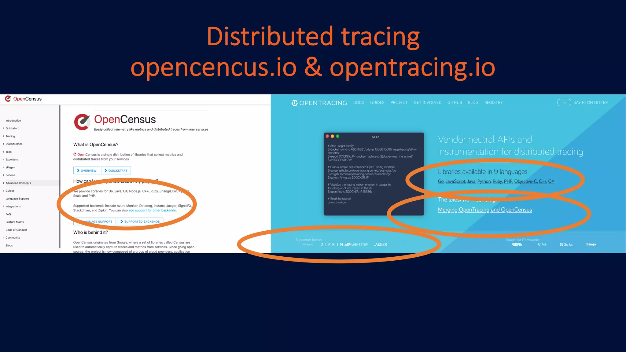 Distributed tracing
opencencus.io & opentracing.io
 
