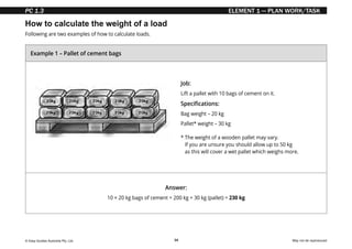 © Easy Guides Australia Pty. Ltd. May not be reproduced
34
ELEMENT 1 — PLAN WORK/TASK
How to calculate the weight of a load
Following are two examples of how to calculate loads.
Example 1 – Pallet of cement bags
Job:
Lift a pallet with 10 bags of cement on it.
Specifications:
Bag weight – 20 kg
Pallet* weight – 30 kg
* 
The weight of a wooden pallet may vary.
If you are unsure you should allow up to 50 kg
as this will cover a wet pallet which weighs more.
Answer:
10 × 20 kg bags of cement = 200 kg + 30 kg (pallet) = 230 kg
PC 1.3
 