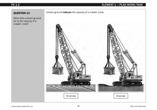 © Easy Guides Australia Pty. Ltd. May not be reproduced
61
ELEMENT 1 — PLAN WORK/TASK
Uneven ground reduces the capacity of a crawler crane.
QUESTION 14
What does uneven ground
do to the capacity of a
crawler crane?
8 tonnes
10 tonnes
PC 1.2
 
