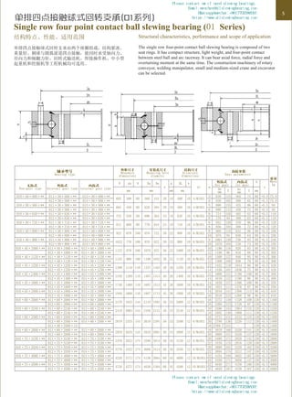 单排四点接触球式回转支承(01系列）
Single row four point contact ball slewing bearing (01 Series)
结构特点、性能、适用范围
单排四点接触球式回转支承由两个座圈组成，结构紧凑、
重量轻、钢球与圆弧滚道四点接触，能同时承受轴向力、
径向力和倾翻力矩。回转式输送机、焊接操作机、中小型
起重机和挖掘机等工程机械均可选用。
Structural characteristics, performance and scope of application
The single row four-point contact ball slewing bearing is composed of two
seat rings. It has compact structure, light weight, and four-point contact
between steel ball and arc raceway. It can bear axial force, radial force and
overturning moment at the same time. The construction machinery of rotary
conveyor, welding manipulator, small and medium-sized crane and excavator
can be selected.
轴承型号
Bearing type
外形尺寸
Boundary
dimensions
安装孔尺寸
Mounting hole
diameter
结构尺寸
Structure
dimensions
齿轮参数
Gear parameters
质量
Mass
kg
无齿式
Non-gear type
外齿式
External gear type
内齿式
Internal gear type
D dn H Du Dn
n
φ DL h
n1 m
外齿式
Ext gear
内齿式
Int gear
b
x
mm mm mm mm De
mm Z de
mm Z mm
010·30·500·** 011·30·500·** 013·30·500·**
602 398 80 566 434 20 18 500 10 4/M10X1
5 630 123 365 74 60 +0.5 75.8
012·30·500·** 014·30·500·** 6 630 102 366 62 60 +0.5 75.8
010·30·560·** 011·30·560·** 013·30·560·**
662 458 80 626 494 20 18 560 10 4/M10X1
5 690 135 425 86 60 +0.5 94
012·30·560·** 014·30·560·** 6 690 112 426 72 60 +0.5 94
010·30·630·** 011·30·630·** 013·30·630·**
732 528 80 696 564 24 18 630 10 4/M10X1
6 774 126 492 83 60 +0.5 110
012·30·630·** 014·30·630·** 8 776 94 488 62 60 +0.5 110
010·30·710·** 011·30·710·** 013·30·710·**
812 608 80 776 644 24 18 710 10 4/M10X1
6 852 139 570 96 60 +0.5 120
012·30·710·** 014·30·710·** 8 856 104 568 72 60 +0.5 120
010·40·800·** 011·40·800·** 013·40·800·**
922 678 100 878 722 30 22 800 10 6/M10X1
8 968 118 632 80 80 +0.5 256
012·40·800·** 014·40·800·** 10 970 94 630 64 80 +0.5 256
010·40·900·** 011·40·900·** 013·40·900·**
1022 778 100 978 822 30 22 900 10 6/M10X1
8 1064 130 736 93 80 +0.5 240
012·40·900·** 014·40·900·** 10 1070 104 730 74 80 +0.5 240
010·40·1000·** 011·40·1000·** 013·40·1000·**
1122 878 100 1078 922 36 22 1000 10 6/M10X1
10 1190 116 820 83 80 +0.5 305
012·40·1000·** 014·40·1000·** 12 1188 96 816 69 80 +0.5 305
010·40·1120·** 011·40·1120·** 013·40·1120·**
1242 998 100 1198 1042 36 22 1120 10 6/M10X1
10 1300 127 940 95 80 +0.5 300
012·40·1120·** 014·40·1120·** 12 1308 106 936 79 80 +0.5 300
010·45·1250·** 011·45·1250·** 013·45·1250·**
1390 1110 110 1337 1163 40 26 1250 10 6/M10X1
12 1452 118 1044 88 90 +0.5 420
012·45·1250·** 014·45·1250·** 14 1456 101 1036 75 90 +0.5 420
010·45·1400·** 011·45·1400·** 013·45·1400·**
1540 1260 110 1487 1313 40 26 1400 10 6/M10X1
12 1608 131 1188 100 90 +0.5 480
012·45·1400·** 014·45·1400·** 14 1610 112 1190 86 90 +0.5 480
010·45·1600·** 011·45·1600·** 013·45·1600·**
1740 1460 110 1687 1513 45 26 1600 10 8/M10X1
14 1820 127 1386 100 90 +0.5 550
012·45·1600·** 014·45·1600·** 16 1824 111 1376 87 90 +0.5 550
010·45·1800·** 011·45·1800·** 013·45·1800·**
1940 1660 110 1887 1713 45 26 1800 10 8/M10X1
14 2016 141 1568 113 90 +0.5 610
012·45·1800·** 014·45·1800·** 16 2016 123 1568 99 90 +0.5 610
010·60·2000·** 011·60·2000·** 013·60·2000·**
2178 1825 144 2110 1891 48 33 2000 12 8/M10X1
16 2272 139 1728 109 120 +0.5 1100
012·60·2000·** 014·60·2000·** 18 2268 123 1728 97 120 +0.5 1100
010·60·2240·** 011·60·2240·** 013·60·2240·**
2418 2065 144 2350 2131 48 33 2240 12 8/M10X1
16 2496 153 1984 125 120 +0.5 1250
012·60·2240·** 014·60·2240·** 18 2502 136 1980 111 120 +0.5 1250
010·60·2500·** 011·60·2500·** 013·60·2500·**
2678 2325 144 2610 2391 56 33 2500 12 8/M10X1
18 2772 151 2232 125 120 +0.5 1400
012·60·2500·** 014·60·2500·** 20 2780 136 2220 112 120 +0.5 1400
011·40·2500·12 18 2769.7 151 -- -- 120 +0.5 1400
010·60·2800·** 011·60·2800·** 013·60·2800·**
2978 2625 144 2910 2691 56 33 2800 12 8/M10X1
18 3078 168 2520 141 120 +0.5 1600
012·60·2800·** 014·60·2800·** 20 3080 151 2520 127 120 +0.5 1600
010·75·3150·** 011·75·3150·** 013·75·3150·**
3376 2922 174 3286 3014 56 45 3150 12 8/M10X1
20 3480 171 2820 142 150 +0.5 2800
012·75·3150·** 014·75·3150·** 22 3476 115 2816 129 150 +0.5 2800
010·75·3550·** 011·75·3550·** 013·75·3550·**
3776 3322 174 3686 3414 56 45 3550 12 8/M10X1
20 3880 191 3220 162 150 +0.5 3200
012·75·3550·** 014·75·3550·** 22 3894 174 3212 147 150 +0.5 3200
010·75·4000·** 011·75·4000·** 013·75·4000·**
4226 3772 174 4136 3864 60 45 4000 12 10/M10X1
22 4334 194 3652 167 150 +0.5 3600
012·75·4000·** 014·75·4000·** 25 4350 171 3650 147 150 +0.5 3600
010·75·4500·** 011·75·4500·** 013·75·4500·**
4726 4272 174 4636 4364 60 45 4500 12 10/M10X1
22 4840 271 4158 190 150 +0.5 4000
012·75·4500·** 014·75·4500·** 25 4850 191 4150 167 150 +0.5 4000
5
Please contact me if need slewing bearings.
Email:wenchen@allslewingbearing.com
Whatsapp&wechat:+8617702586093
https://www.allslewingbearing.com
Please contact me if need slewing bearings.
Email:wenchen@allslewingbearing.com
Whatsapp&wechat:+8617702586093
https://www.allslewingbearing.com
 