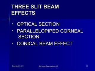 THREE SLIT BEAM EFFECTS OPTICAL SECTION PARALLELOPIPED CORNEAL  SECTION CONICAL BEAM EFFECT 
