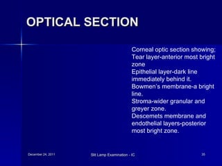 OPTICAL SECTION   Corneal optic section showing; Tear layer-anterior most bright zone Epithelial layer-dark line immediately behind it. Bowmen’s membrane-a bright line. Stroma-wider granular and greyer zone. Descemets membrane and endothelial layers-posterior most bright zone. 