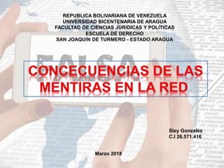 REPUBLICA BOLIVARIANA DE VENEZUELA
UNIVERSIDAD BICENTENARIA DE ARAGUA
FACULTAD DE CIENCIAS JURÍDICAS Y POLÍTICAS
ESCUELA DE DERECHO
SAN JOAQUÍN DE TURMERO - ESTADO ARAGUA
Marzo 2018
Sley Gonzalez
C.I 26.571.416
 