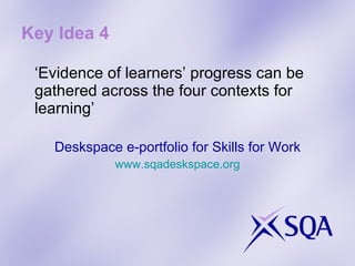 Key Idea 4 ‘ Evidence of learners’ progress can be gathered across the four contexts for learning’ Deskspace e-portfolio for Skills for Work www.sqadeskspace.org 