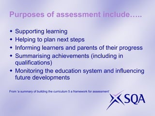 Purposes of assessment include….. Supporting learning Helping to plan next steps Informing learners and parents of their progress Summarising achievements (including in qualifications) Monitoring the education system and influencing future developments From ‘a summary of building the curriculum 5 a framework for assessment’ 
