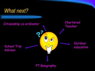 What next? Chartered Teacher PT Geography Citizenship co-ordinator School Trip Advisor Outdoor education 