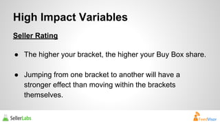 High Impact Variables 
Seller Rating 
● The higher your bracket, the higher your Buy Box share. 
● Jumping from one bracket to another will have a 
stronger effect than moving within the brackets 
themselves. 
 