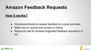 Amazon Feedback Requests 
How it works? 
● Occasional emails to request feedback on a past purchase. 
● Seller has no control over content or timing 
● Response rate for Amazon-originated feedback requests is 2- 
3% 
 