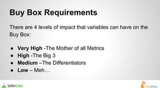 Buy Box Requirements 
There are 4 levels of impact that variables can have on the 
Buy Box: 
● Very High -The Mother of all Metrics 
● High -The Big 3 
● Medium –The Differentiators 
● Low – Meh… 
 