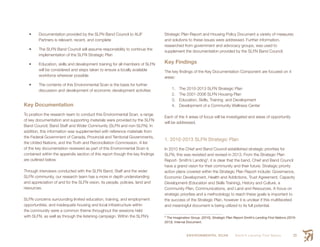ENVIRONMENTAL SCAN Smith’s Landing First Nation 23
•	 Documentation provided by the SLFN Band Council to ALIF
Partners is relevant, recent, and complete
•	 The SLFN Band Council will assume responsibility to continue the
implementation of the SLFN Strategic Plan
•	 Education, skills and development training for all members of SLFN
will be considered and steps taken to ensure a locally available
workforce wherever possible
•	 The contents of this Environmental Scan is the basis for further
discussion and development of economic development activities
Key Documentation
To position the research team to conduct this Environmental Scan, a range
of key documentation and supporting materials were provided by the SLFN
Band Council, Band Staff and Wider Community (SLFN and non-SLFN). In
addition, this information was supplemented with reference materials from
the Federal Government of Canada, Provincial and Territorial Governments,
the United Nations, and the Truth and Reconciliation Commission. A list
of the key documentation reviewed as part of this Environmental Scan is
contained within the appendix section of this report though the key findings
are outlined below.
Through interviews conducted with the SLFN Band, Staff and the wider
SLFN community, our research team has a more in depth understanding
and appreciation of and for the SLFN vision, its people, policies, land and
resources.
SLFN concerns surrounding limited education, training, and employment
opportunities, and inadequate housing and local infrastructure within
the community were a common theme throughout the sessions held
with SLFN, as well as through the listening campaign. Within the SLFN’s
Strategic Plan Report and Housing Policy Document a variety of measures
and solutions to these issues were addressed. Further information,
researched from government and advocacy groups, was used to
supplement the documentation provided by the SLFN Band Council.
Key Findings
The key findings of the Key Documentation Component are focused on 4
areas:
1.	 The 2010-2013 SLFN Strategic Plan
2.	 The 2001-2006 SLFN Housing Plan
3.	 Education, Skills, Training and Development
4.	 Development of a Community Wellness Center
Each of the 4 areas of focus will be investigated and areas of opportunity
will be addressed.
1. 2010-2013 SLFN Strategic Plan
In 2010 the Chief and Band Council established strategic priorities for
SLFN, this was revisited and revised in 2013. From the Strategic Plan
Report- Smith’s Landing3
, it is clear that the band, Chief and Band Council
have a grand vision for their community and their future. Strategic priority
action plans covered within the Strategic Plan Report include: Governance,
Economic Development, Health and Addictions, Trust Agreement, Capacity
Development (Education and Skills Training), History and Culture, a
Community Plan, Communications, and Land and Resources. A focus on
strategic priorities and a methodology to reach these goals is important to
the success of the Strategic Plan, however it is unclear if this multifaceted
and meaningful document is being utilized to its full potential.
3
 The Imagination Group. (2010). Strategic Plan Report Smith’s Landing First Nations (2010-
2013). Internal Document.
 