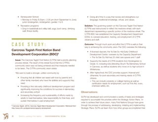 Smith’s Landing First Nation ENVIRONMENTAL SCAN28
•	 Sensisyusten School
•	Monday to Friday 8:25am—2:35 pm (from September to June),
junior kindergarten, kindergarten, grades 1 to 6
•	 Recreation programs
•	Drop-in basketball and volley ball, yoga, boot camp, climbing
wall, fitness facility
C A S E S T U D Y :
Carcross Tagish First Nation Band
Development Corporation (BDC)8
Issue: The Carcross Tagish First Nation (C/TFN) held a priority planning
process retreat. The result of this retreat found that the C/TFN’s
community vision was not being achieved and that measures needed
to be taken. The C/TFN community vision states:
“We want to build a stronger, unified community by:
•	 Ensuring that all children are raised with love by parents and
other family members who have the abilities and supports they
need
•	 Providing a first rate early childhood development program and
significantly improving the conditions for success in elementary
and secondary school
•	 Increasing the frequency and sustainability of efforts made by
adults to heal themselves, take responsibility for their lives, and
sustain themselves in paid employment
8 
Carcross Tagish. (2015). Carcross Tagish Band Development Corporation. Retrieved from
http://www.ctfn.ca/departments/capacity-development
•	 Doing all of this in a way that revives and strengthens our
language, traditional knowledge, virtues, and values.
Solution: The governing system on the Carcross Tagish First Nation
(C/TFN) was restructured to reflect the medicine wheel, with each
department representing a specific portion of the medicine wheel. The
C/TFN BDC has established the Capacity Development Department
(CDD), to oversee education, training, and employment of C/TFN
citizens and staff.
Outcome: Through much work and effort the C/TFN is well on their
way to achieving the community vision.The CDC oversees the following:
•	 A licensed daycare, the Ya Dak Du Hidi Early Childhood
Development Center, overseen by the Capacity Department
•	The Ya Dak Du Hidi has 25 child care spaces and 7 staff
•	 Supports the needs of C/TFN students from Kindergarten to
Grade 12, including kids attending Ghuch Tla Elementary School
in Carcross, as well as students who move on to high school in
Whitehorse.
•	 After highschool, the CDC provides support, financial and
otherwise, for post-secondary and training needs of C/TFN
citizens
•	This can include university or college training as well as
certification needs for employment, such as First Aid, whmis,
chainsaw safety, etc.
Observations
SLFN has developed and communicated a variety of tasks and strategies
required to accomplish the priorities within the Strategic Action Plans. In
order to achieve their future vision, many First Nations Groups have gone
through the process of addressing, developing, initiating and implementing
Strategic Plans. SLFN can learn from how other groups accomplished their
 