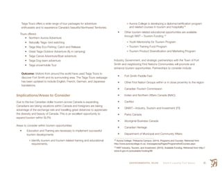 ENVIRONMENTAL SCAN Smith’s Landing First Nation 55
Taiga Tours offers a wide range of tour packages for adventure
enthusiasts and to experience Canada’s beautiful Northwest Territories.
Tours offered:
•	 Northern Aurora Adventure
•	 Naturally Taiga- bird watching
•	 Taiga Way Eco-Fishing: Catch and Release
•	 Great Taiga Outdoor Adventure (fly in camping)
•	 Taiga Canoe Adventure/Boat adventure
•	 Taiga Dog team adventure
•	 Taiga snowmobile Tour
Outcome: Visitors from around the world have used Taiga Tours to
discover Fort Smith and its surrounding area. The Taiga Tours webpage
has been updated to include English, French, German, and Japanese
translations.
Implications/Areas to Consider
Due to the low Canadian dollar tourism across Canada is expanding.
Canadians are taking vacations within Canada and foreigners are taking
advantage of the exchange rate and travelling great distances to appreciate
the diversity and beauty of Canada. This is an excellent opportunity to
expand tourism within SLFN.
Areas to consider within tourism opportunities:
•	 Education and Training are necessary to implement successful
tourism developments
•	Identify tourism and tourism related training and educational
requirements.
•	Aurora College is developing a diploma/certification program
and related courses in tourism and hospitality78
•	 Other tourism related educational opportunities are available
through NWT—Tourism Funding 79
•	Youth Mentorship for Tourism Program
•	Tourism Training Fund Program
•	Tourism Product Diversification and Marketing Program
Industry, Government, and strategic partnerships with the Town of Fort
Smith and neighboring First Nations Communities will promote and
enhance tourism opportunities. Partnerships to consider include:
•	 Fort Smith Paddle Fest
•	 Other First Nation Groups within or in close proximity to the region
•	 Canadian Tourism Commission
•	 Indian and Northern Affairs Canada (INAC)
•	 CanNor
•	 GNWT—Industry, Tourism and Investment (ITI)
•	 Parks Canada
•	 Aboriginal Business Canada
•	 Canadian Heritage
•	 Department of Municipal and Community Affairs
78
 Aurora College: Thebacha Campus. (2015). Programs and Courses. Retrieved from
http://www.auroracollege.nt.ca/_live/pages/wpPages/ProgramsAndCourses.aspx
79
  NWT Industry, Tourism, and Investment. (2015). Available Funding. Retrieved from http://
www.iti.gov.nt.ca/available-funding/68
 