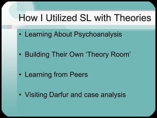 How I Utilized SL with TheoriesLearning About PsychoanalysisBuilding Their Own ‘Theory Room’Learning from PeersVisiting Darfur and case analysis