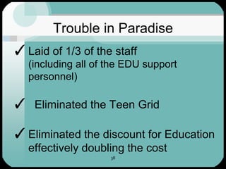 38Trouble in ParadiseLaid of 1/3 of the staff(including all of the EDU support personnel)