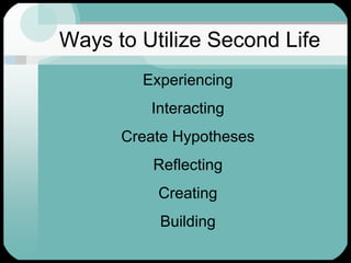 Ways to Utilize Second LifeExperiencingInteractingCreate HypothesesReflectingCreatingBuilding