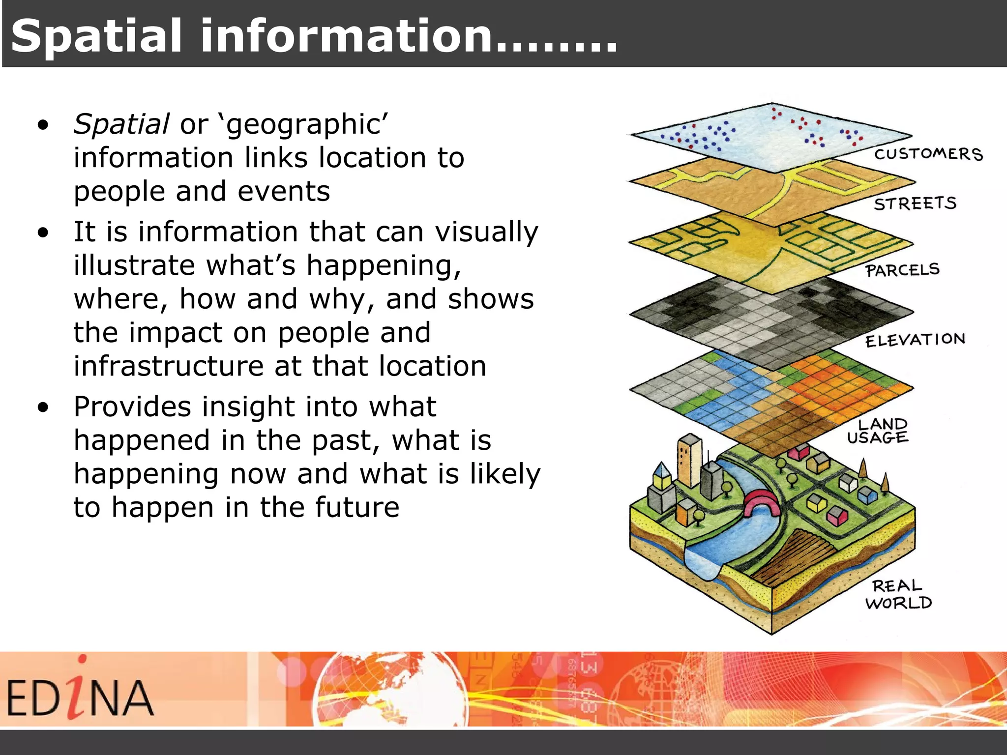 Spatial information…….. 
• Spatial or ‘geographic’ 
information links location to 
people and events 
• It is information that can visually 
illustrate what’s happening, 
where, how and why, and shows 
the impact on people and 
infrastructure at that location 
• Provides insight into what 
happened in the past, what is 
happening now and what is likely 
to happen in the future 
 