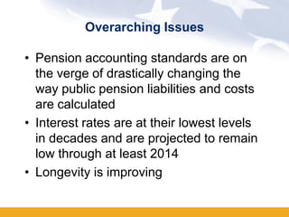 Overarching Issues

• Pension accounting standards are on
  the verge of drastically changing the
  way public pension liabilities and costs
  are calculated
• Interest rates are at their lowest levels
  in decades and are projected to remain
  low through at least 2014
• Longevity is improving
 