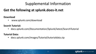 Supplemental Information
13
Get the following at splunk.does-it.net
Download
• www.splunk.com/download
Search Tutorial:
• docs.splunk.com/Documentation/Splunk/latest/SearchTutorial
Tutorial Data:
• docs.splunk.com/images/Tutorial/tutorialdata.zip
 