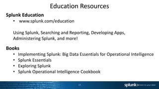 Education Resources
14
Splunk Education
• www.splunk.com/education
Using Splunk, Searching and Reporting, Developing Apps,
Administering Splunk, and more!
Books
• Implementing Splunk: Big Data Essentials for Operational Intelligence
• Splunk Essentials
• Exploring Splunk
• Splunk Operational Intelligence Cookbook
 