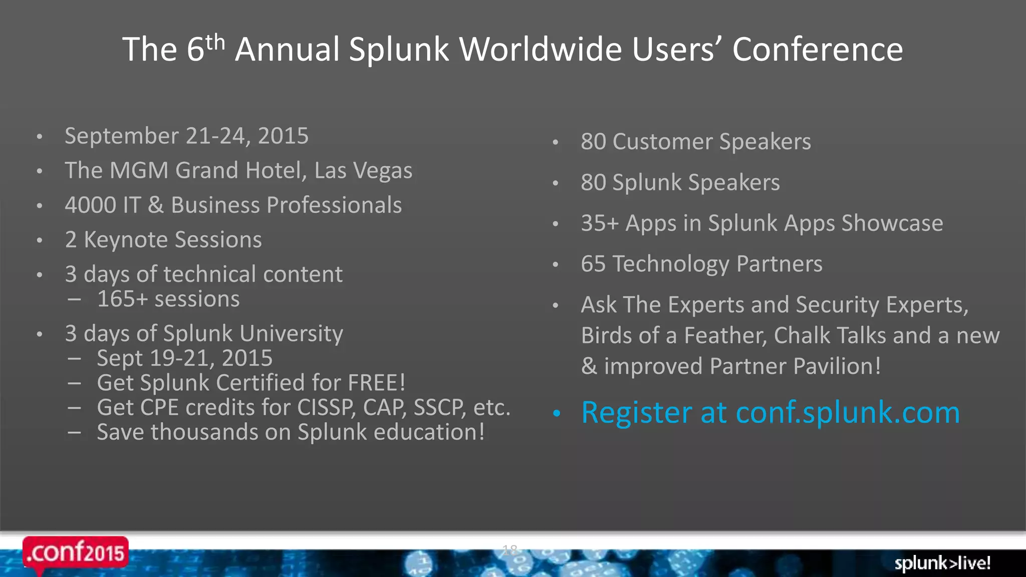 18
18
The 6th Annual Splunk Worldwide Users’ Conference
• September 21-24, 2015
• The MGM Grand Hotel, Las Vegas
• 4000 IT & Business Professionals
• 2 Keynote Sessions
• 3 days of technical content
– 165+ sessions
• 3 days of Splunk University
– Sept 19-21, 2015
– Get Splunk Certified for FREE!
– Get CPE credits for CISSP, CAP, SSCP, etc.
– Save thousands on Splunk education!
• 80 Customer Speakers
• 80 Splunk Speakers
• 35+ Apps in Splunk Apps Showcase
• 65 Technology Partners
• Ask The Experts and Security Experts,
Birds of a Feather, Chalk Talks and a new
& improved Partner Pavilion!
• Register at conf.splunk.com
 