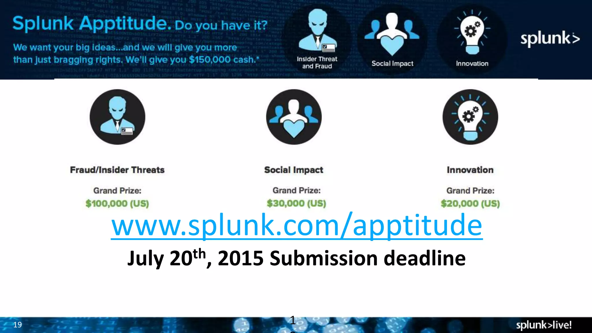 19 1
www.splunk.com/apptitude
July 20th, 2015 Submission deadline
 