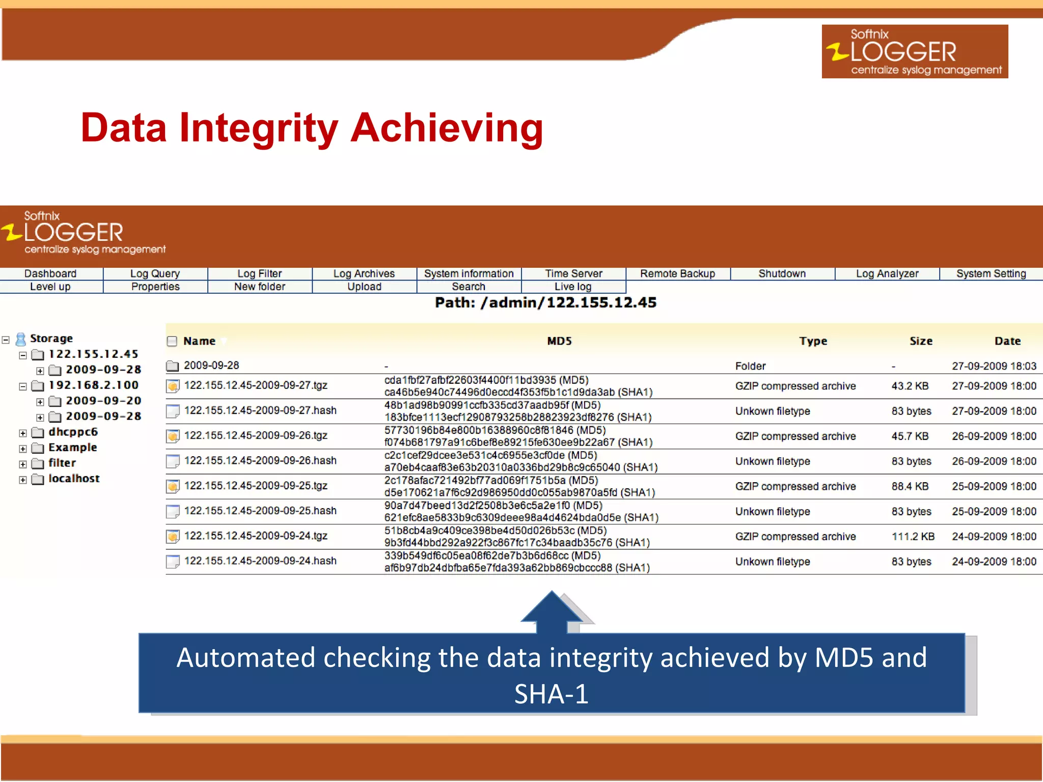 Data Integrity Achieving




    Automated checking the data integrity achieved by MD5 and
                             SHA-1
 