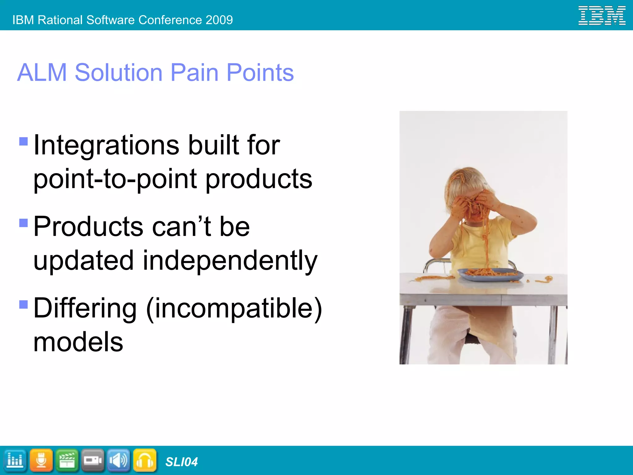 IBM Rational Software Conference 2009
SLI04
ALM Solution Pain Points
Integrations built for
point-to-point products
Products can’t be
updated independently
Differing (incompatible)
models
 