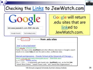 28
14th Annual Longwood University Summer Literacy Institute
Checking the Links to JewWatch.com
Google will return
.edu si...