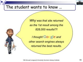 43
14th Annual Longwood University Summer Literacy Institute
The student wants to know …
Why was that site returned
as the...
