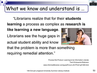 53
14th Annual Longwood University Summer Literacy Institute
What we know and understand is …
“Librarians realize that for...