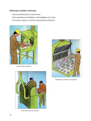14
Metalurgia, fundição e siderurgia
• No esmerilhamento e no polimento;
• Nas operações de moldagem e desmoldagem com areia;
• Em trocas, reparos e corte de reves mentos refratários.
Esmerilhamento de rebarbas
Operação de shakeout em fundição
Corte de jolo refratário
 