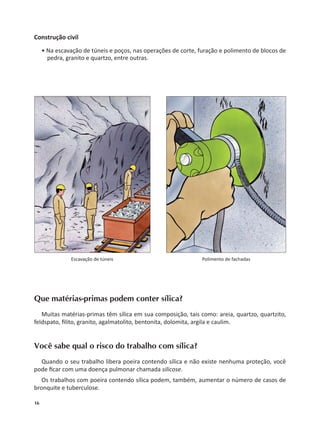 16
Construção civil
• Na escavação de túneis e poços, nas operações de corte, furação e polimento de blocos de
pedra, granito e quartzo, entre outras.
Que matérias-primas podem conter sílica?
Muitas matérias-primas têm sílica em sua composição, tais como: areia, quartzo, quartzito,
feldspato, ﬁlito, granito, agalmatolito, bentonita, dolomita, argila e caulim.
Você sabe qual o risco do trabalho com sílica?
Quando o seu trabalho libera poeira contendo sílica e não existe nenhuma proteção, você
pode ﬁcar com uma doença pulmonar chamada silicose.
Os trabalhos com poeira contendo sílica podem, também, aumentar o número de casos de
bronquite e tuberculose.
Escavação de túneis Polimento de fachadas
 
