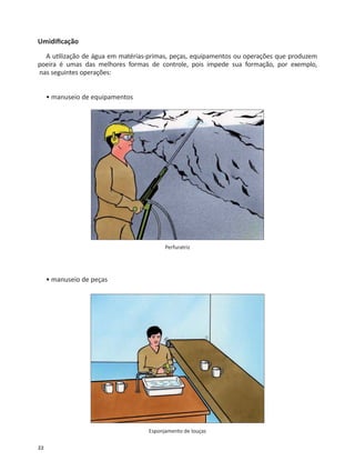 22
Umidiﬁcação
A u lização de água em matérias-primas, peças, equipamentos ou operações que produzem
poeira é umas das melhores formas de controle, pois impede sua formação, por exemplo,
nas seguintes operações:
• manuseio de equipamentos
Perfuratriz
• manuseio de peças
Esponjamento de louças
 