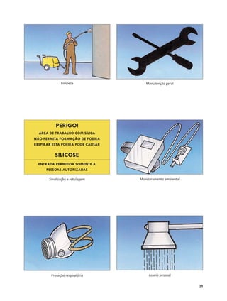 39
Manutenção geralLimpeza
PERIGO!
ÁREA DE TRABALHO COM SÍLICA
NÃO PERMITA FORMAÇÃO DE POEIRA
RESPIRAR ESTA POEIRA PODE CAUSAR
SILICOSE
ENTRADA PERMITIDA SOMENTE A
PESSOAS AUTORIZADAS
Sinalização e rotulagem Monitoramento ambiental
Proteção respiratória Asseio pessoal
 