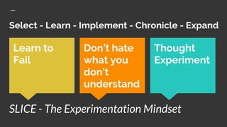Select - Learn - Implement - Chronicle - Expand
Thought
Experiment
Learn to
Fail
Don’t hate
what you
don’t
understand
SLICE - The Experimentation Mindset
 