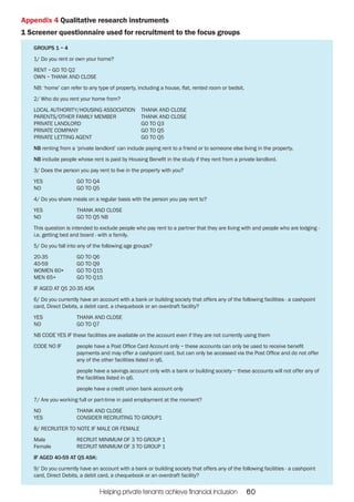 Appendix 4 Qualitative research instruments 
1 Screener questionnaire used for recruitment to the focus groups 
GROUPS 1 – 4 
1/ Do you rent or own your home? 
RENT – GO TO Q2 
OWN – THANK AND CLOSE 
NB: ‘home’ can refer to any type of property, including a house, flat, rented room or bedsit. 
2/ Who do you rent your home from? 
LOCAL AUTHORITY/HOUSING ASSOCIATION THANK AND CLOSE 
PARENTS/OTHER FAMILY MEMBER THANK AND CLOSE 
PRIVATE LANDLORD GO TO Q3 
PRIVATE COMPANY GO TO Q5 
PRIVATE LETTING AGENT GO TO Q5 
NB renting from a ‘private landlord’ can include paying rent to a friend or to someone else living in the property. 
NB include people whose rent is paid by Housing Benefit in the study if they rent from a private landlord. 
3/ Does the person you pay rent to live in the property with you? 
YES GO TO Q4 
NO GO TO Q5 
4/ Do you share meals on a regular basis with the person you pay rent to? 
YES THANK AND CLOSE 
NO GO TO Q5 NB 
This question is intended to exclude people who pay rent to a partner that they are living with and people who are lodging - 
i.e. getting bed and board - with a family. 
5/ Do you fall into any of the following age groups? 
20-35 GO TO Q6 
40-59 GO TO Q9 
WOMEN 60+ GO TO Q15 
MEN 65+ GO TO Q15 
IF AGED AT Q5 20-35 ASK 
6/ Do you currently have an account with a bank or building society that offers any of the following facilities - a cashpoint 
card, Direct Debits, a debit card, a chequebook or an overdraft facility? 
YES THANK AND CLOSE 
NO GO TO Q7 
NB CODE YES IF these facilities are available on the account even if they are not currently using them 
CODE NO IF people have a Post Office Card Account only – these accounts can only be used to receive benefit 
payments and may offer a cashpoint card, but can only be accessed via the Post Office and do not offer 
any of the other facilities listed in q6. 
people have a savings account only with a bank or building society – these accounts will not offer any of 
the facilities listed in q6. 
people have a credit union bank account only 
7/ Are you working full or part-time in paid employment at the moment? 
NO THANK AND CLOSE 
YES CONSIDER RECRUITING TO GROUP1 
8/ RECRUITER TO NOTE IF MALE OR FEMALE 
Male RECRUIT MINIMUM OF 3 TO GROUP 1 
Female RECRUIT MINIMUM OF 3 TO GROUP 1 
IF AGED 40-59 AT Q5 ASK: 
9/ Do you currently have an account with a bank or building society that offers any of the following facilities - a cashpoint 
card, Direct Debits, a debit card, a chequebook or an overdraft facility? 
Helping private tenants achieve financial inclusion 60  