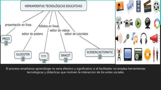 El proceso enseñanza-aprendizaje no seria efectivo y significativo si el facilitador no emplea herramientas
tecnologicas y didacticas que motiven la interaccion de los entes sociales.
 