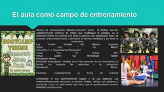 El aula como campo de entrenamiento
Campo de entrenamiento Maestro-Instructor Virtud El Reflejo Sacudir:
establecimiento continuo de metas que modifiquen la práctica, en el
momento mismo de culminar una tarea o ejercicio con satisfacción (bien, de
acuerdo, ahora realiza esto) cualificando la técnica empleada y por tanto el
rendimiento.
Las Cuatro Virtudes del Maestro Instructor
Virtud Uno " La Matriz"
Virtud Dos " La Capacidad de Percepción"
Virtud Tres "El Reflejo GPS"
Virtud Cuatro "La Honestidad Teatral"
Percepción Macro:
Periodista Investigador: detalles de la vida personal de sus estudiantes, la
familia, los ingresos, las relaciones y su motivación.
Percepción Micro:
Controlar: constantemente su forma de entrenar
Comprobar: si sus aprehendientes captan o no sus palabras, Los
maestros/instructores escuchan a muchos niveles, utilizan sus palabras y
conductas como un instrumento que hace que el aprehendiente avance.
Habilidad de Instrucción
 