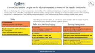www.dmagilecoaching.com
Spikes
A research activity that can give you the information needed to understand the size of a functionality.
We can use this strategy when we have no experience or understanding on how to build a particular feature, and getting the needed information presumably
requires a high degree of effort. This, can be due to the decision of including or trying out a new technology as well as to the lack of experience within a functional
area. A Spike is a defined amount of work dedicated to the investigation and a basic implementation of a solution needed to complete another feature
.

As a service provider


I want to get a notification in my iOs phone


So that I understand a reservation has been completed
Spike (Investigate how to send iOs notifications):


As a service provider


I want to get a notification in my iPhone 12


So that I understand a reservation has been completed
Spike
Defer error handling/logging Dummy then dynamic
* Even though we can’t call it Spikes, as a last resource, is also possible to defer the inclusion of specific
components in order to distribute complexity in different iterations
.

As a electric substation technician


I want to see the Voltage Monitoring Table of a substation


So that I can detect voltage violations
As a electric substation technician


I want to see a Dummy violation in Voltage Monitoring Table


So that I can visualize the severity and parameters
As a electric substation technician


I want to see the Voltage Monitoring Table of a substation


So that I can detect voltage violations
As a technician


I want to see the status of a network node


So that I can troubleshoot the device
As a technician


I want to know when a network node encountered errors


So that I can proactively troubleshoot network devices
As a technician


I want to see the logs of a network node


So that I can troubleshoot a faulty device
 