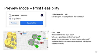 Preview Mode – Print Feasibility
Expected Print Time
Can this print be completed in the workday?
First Layer
How does that...