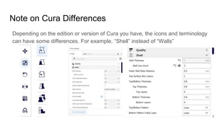 Note on Cura Differences
Depending on the edition or version of Cura you have, the icons and terminology
can have some dif...