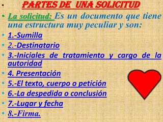 •

PARTES DE UNA SOLICITUD

• La solicitud: Es un documento que tiene

una estructura muy peculiar y son:
• 1.-Sumilla
• 2.-Destinatario
• 3.-Iniciales de tratamiento y cargo de la
autoridad
• 4. Presentación
• 5.-El texto, cuerpo o petición
• 6.-La despedida o conclusión
• 7.-Lugar y fecha
• 8.-Firma.

 