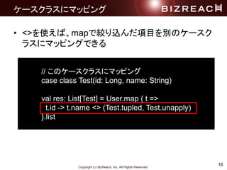 16
`饹˥ޥåԥ
? <>ʹСmapǽgzĿeΥ`
饹˥ޥåԥ󥰤Ǥ
// Υ`饹˥ޥåԥ
case class Test(id: Long, name: String)
val res: List[Test] = User.map { t =>
t.id -> t.name <> (Test.tupled, Test.unapply)
}.list
 