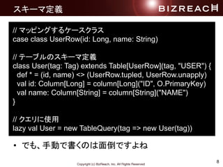 8
`޶x
? Ǥ⡢քӤǕΤ浹Ǥ
// ޥåԥ󥰤륱`饹
case class UserRow(id: Long, name: String)
// Ʃ`֥Υ`޶x
class User(tag: Tag) extends Table[UserRow](tag, "USER") {
def * = (id, name) <> (UserRow.tupled, UserRow.unapply)
val id: Column[Long] = column[Long]("ID", O.PrimaryKey)
val name: Column[String] = column[String]("NAME")
}
// ʹ
lazy val User = new TableQuery(tag => new User(tag))
 