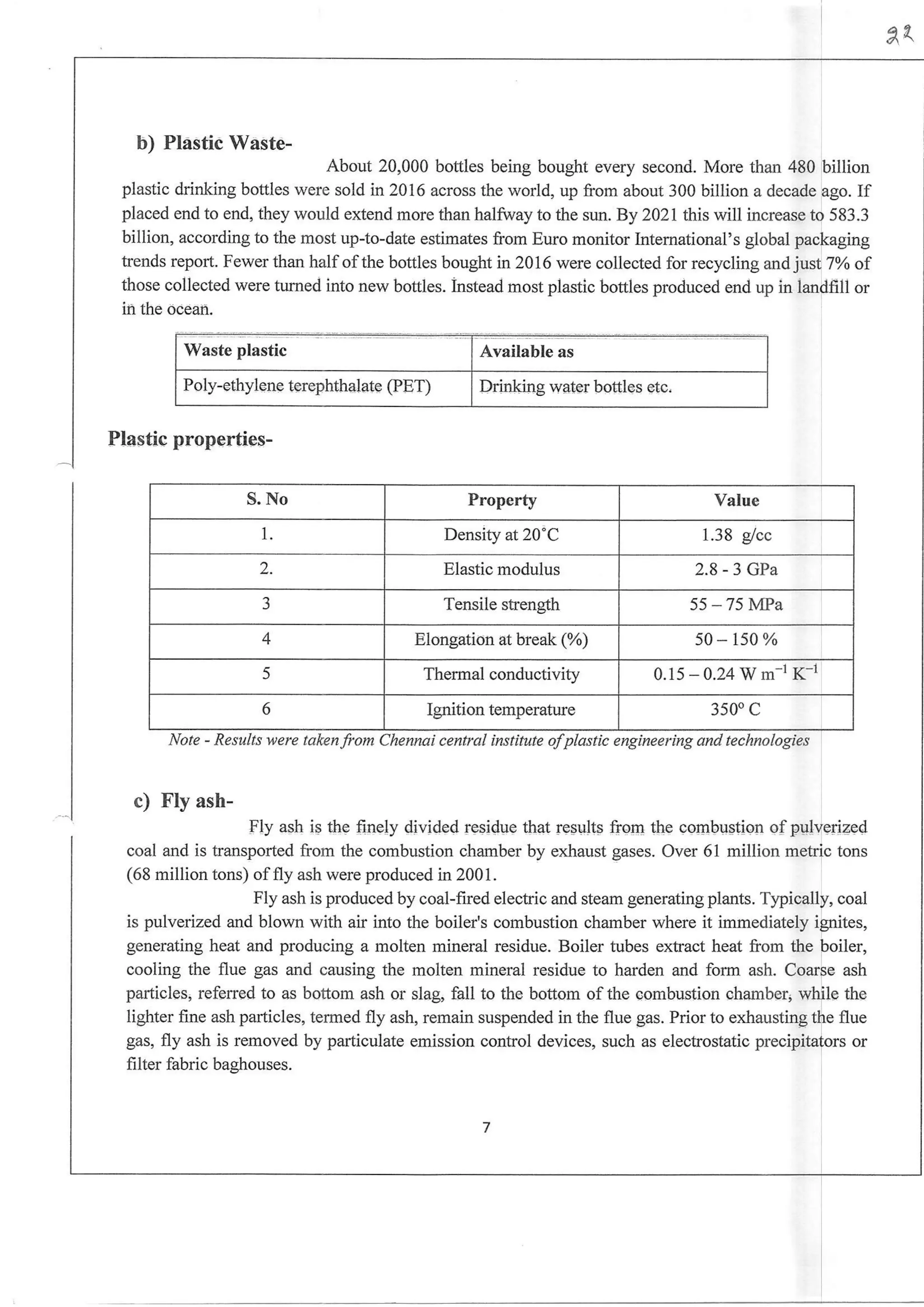 a1
b) Plastic Waste-
About 20,000 bottles being bought every second. More than 480 billion
plastic drinking bottles were sold in 2016 across the world, up from about 300 billion a decade ago. If
placed end to end, they would extend more tlan halfway to the sun.By 2021this wiil increase to 583.3
billion, according to the most up-to-date estimates from Euro monitor Intemational's globai packaging
trends report. Fewer than half of the bottles bought in 2016 were coilected for recycling and just 7% of
those collected were tumed into new bottles. instead most plastic bottles produced end up in landfill or
in the ocean.
Waste plastic Available as
Poly-ethylene terephthalate (PET) Drinkin€ water bottles etc.
Plastic properties-
S. No Property Value
1. Density at 20"C 1.38 g/cc
2. Elastic modulus 2.8 - 3 GPa
J Tensile strength 55 - 75 MPa
4 Elongation at break (%) 50 - 150 Yo
5 Thermal conductivity 0.15 - 0.24 W m-] K-l
6 Ignition temperature 350" C
Note - Results were talan from Chennai central institute ofplastic engineering and technologies
c) Fly ash-
Fly ash is thq finely divided residue that {esults from the combusiion of pulverized
coal and is transported from the combustion chamber by exhaust gases. Over 61 million metric tons
(68 million tons) offly ash were produced in 2001.
Fly ash is produced by coal-fted electric and steam generating plants. Typically, coal
is pulverized and blown with air irrto the boiler's combustion chamber where it immediately ignites,
generating heat and producing a molten mineral residue. Boiler fubes extract heat from the boiler,
cooling the flue gas and causing the molten mineral residue to harden and form ash. Coarse ash
particles' refencd to as bottom ash or s1ag, fal1 to the bottom ofthe oombustion chamber; while the
lighter frne ash padicles, termed fly ash, remain suspended in the flue gas. Prior to exhausting the flue
gas, fly ash is removed by particulate emission control devices, such as electrostatic precipitators or
fi lter fabric bashouses.
 