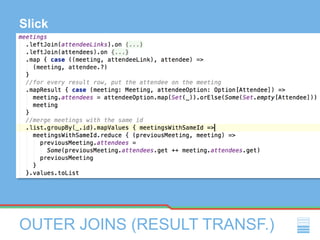 OUTER JOINS (RESULT TRANSF.)
Slick
 